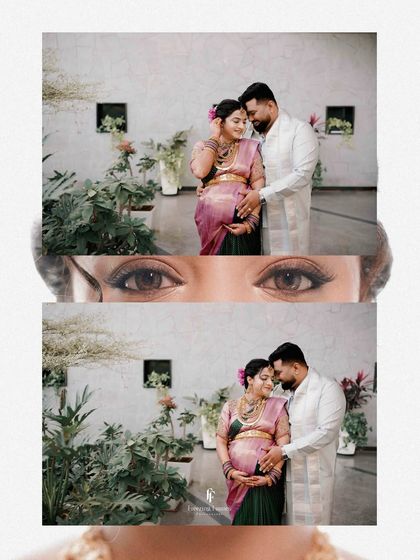 A multi-frame image from a traditional maternity shoot, focusing on the couple's loving gaze and the intricate details of their expressions.