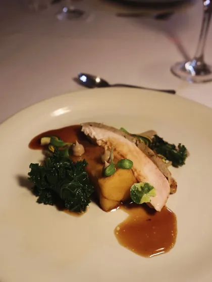 My 'Duo of Chicken' dish, featuring both heritage and regular chicken, served with toasted kale and a rich port jus.