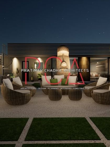 A wide-angle visualization of the terrace garden. This view shows the relationship between the different seating areas and the open-air bar, emphasizing the space's suitability for large gatherings.