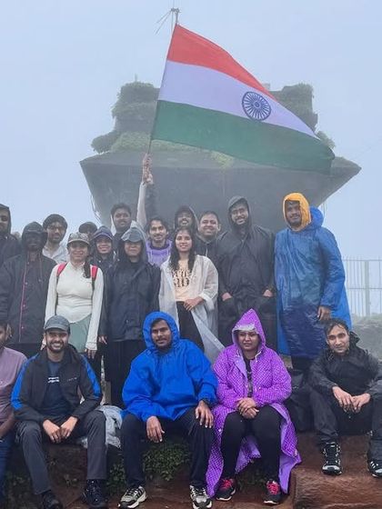 A proud moment for the group after the Kodachadri trek on Independence Day, celebrating freedom and friendship on the misty peaks.