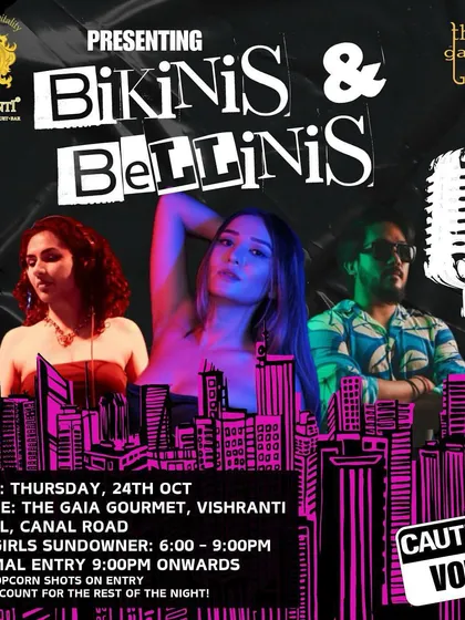 The poster for a 'Bikinis & Bellinis' all-girls sundowner in Dehradun. A fun, themed event to kick off the week.