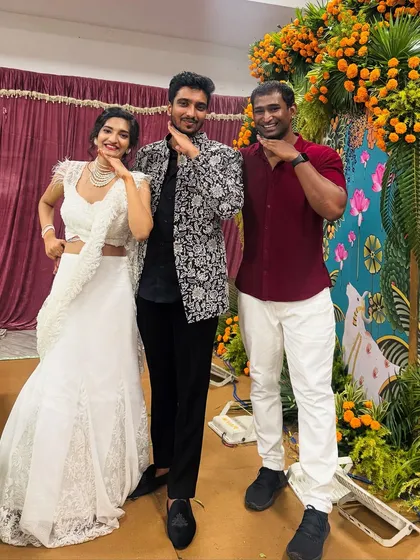 Sharing a happy moment with the wonderful couple, Uthej and Amrutha, after their sangeet performance in Vizag. My goal is always to make the experience joyful and stress-free for my clients.