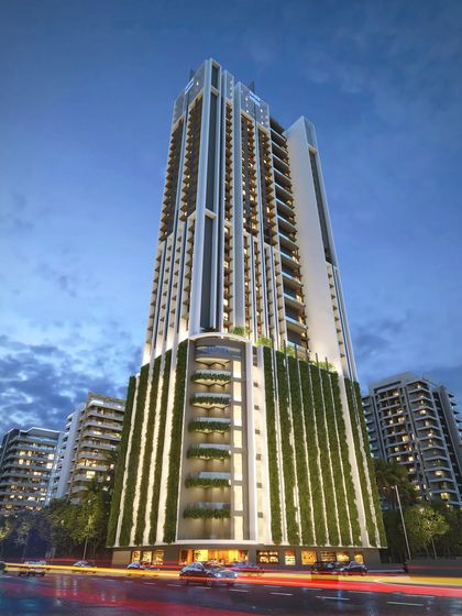 The DLH Leo Towers in Mumbai's Oshiwara district, a 110-meter-tall structure designed with a strong emphasis on verticality. The building integrates vertical gardens within its parking floors and features an elevated entertainment deck and swimming pool, creating a modern urban icon.