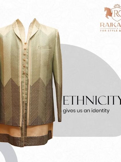 A graphic showcasing an Indo-Western jacket with a unique green and black chevron pattern, emphasizing how ethnicity gives us an identity.