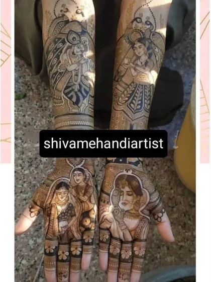 A design featuring multiple portraits, including the bride with her family and a depiction of Radha-Krishna, blending personal and divine love.