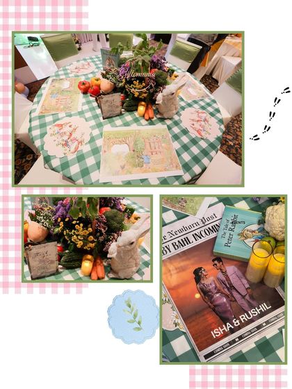Themed table decor featuring a green gingham tablecloth, Peter Rabbit books, and a centerpiece of fresh vegetables and flowers, perfectly capturing the garden theme.