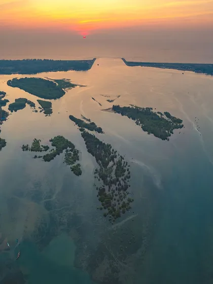 A top-down aerial view of the river delta at sunset. The vertical composition emphasizes the abstract shapes and colors of the waterways and mangrove islands.
