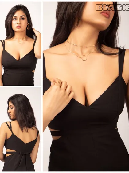 A detail-oriented collage, focusing on the neckline, back, and fabric of the jumpsuit. These shots are essential for online stores.