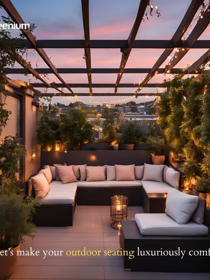 An example of a luxuriously comfortable outdoor seating area. The design uses a large U-shaped sofa, a pergola with string lights, and an abundance of plants to create the ultimate rooftop lounge.