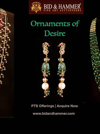 A selection of our 'Ornaments of Desire' available through private sale. This includes a beautiful 'Navratna Satlada' (seven-strand necklace), a pair of emerald and diamond earrings, and an emerald seven-line Kantha necklace.