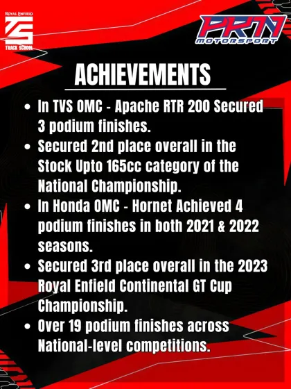 A list of Coach Ullas's achievements, including podiums in the TVS and Honda One-Make Championships and securing 2nd place overall in the National Championship, showcasing his consistent top-tier performance.