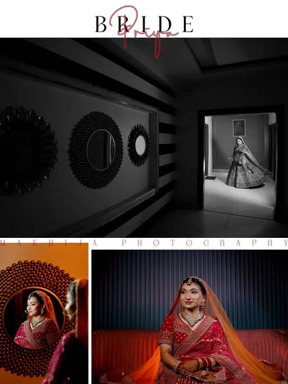 A creative collage of bridal portraits, mixing black and white with color. This layout shows the bride's getting-ready moments and her final look, telling a story of her transformation.