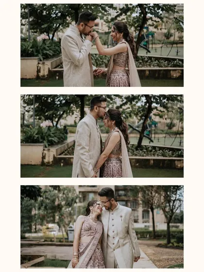A triptych of romantic moments from an engagement shoot. It captures a progression of intimacy, from a gentle hand kiss to a forehead kiss to a loving embrace, telling a story of affection.