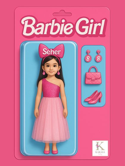 Come on Barbie, let's go party. This fun illustration imagines a custom, one-of-a-kind Barbie outfit, personalized with the name "Seher" and all the essential accessories.