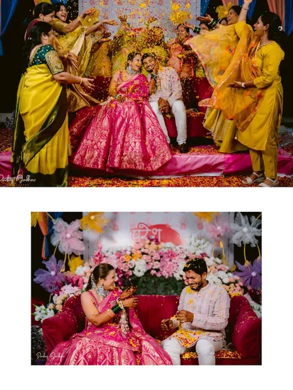 A collage of moments from the Haldi ceremony, from family blessings to playful interactions.