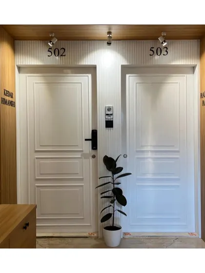 A clean and minimal entrance design for two adjacent apartments, creating a unified and sophisticated look for the shared lobby space.