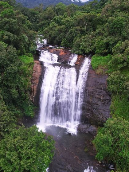 A stunning aerial view of a waterfall cascading through the dense green forests of Karnataka. This is a sight that shows the true richness of the Malnad region.