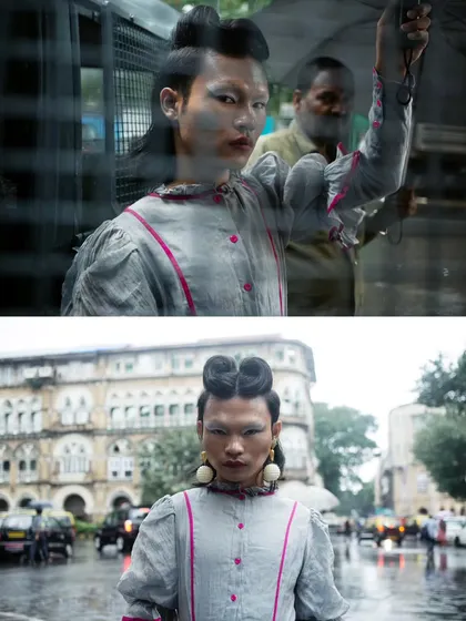 Another diptych from the "RIOT" series, showing the model through the window of a police van and on the street. This juxtaposition highlights the theme of confinement and freedom.