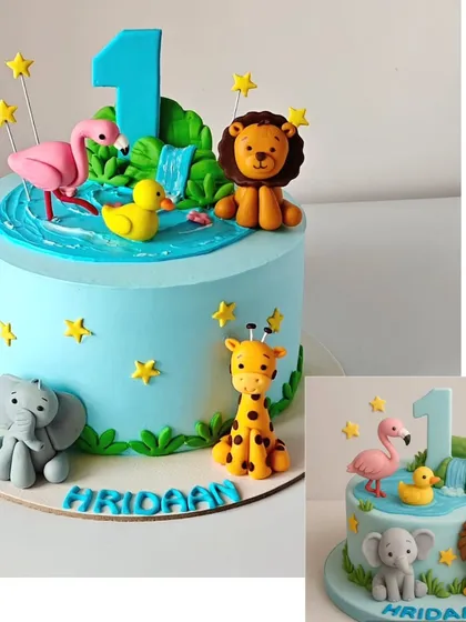 This jungle animal cake was created by bringing a client's AI-generated image to life. The final product perfectly matches the digital concept, complete with a flamingo, duck, lion, elephant, and giraffe.