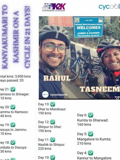 An incredible achievement. Our member Tasneem completed a 3900km journey from Kanyakumari to Kashmir on her cycle in just 21 days.