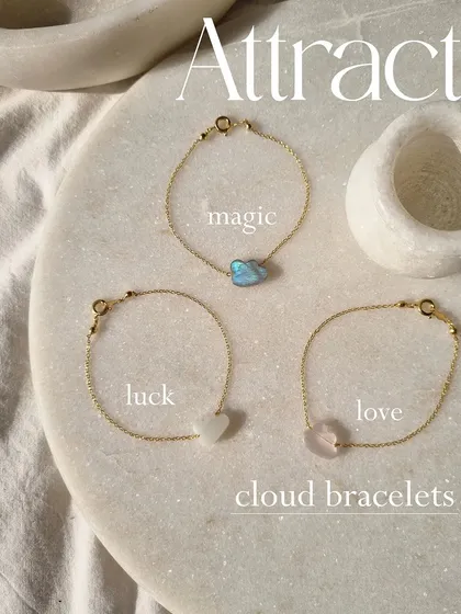Another view of my cloud bracelets, showing the different energies they carry. Choose labradorite for magic, moonstone for luck, or rose quartz for love.