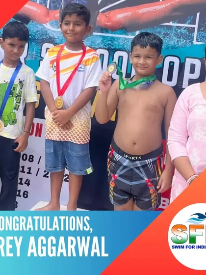 Shrey Aggarwal standing tall on the podium with his gold medal. A proud moment for a young, dedicated swimmer.