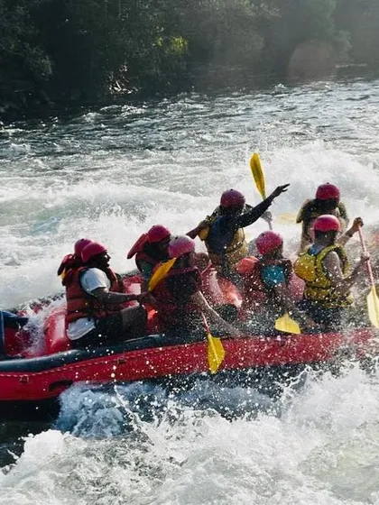 Nothing beats the thrill of navigating the rapids with your crew. This is a shot from our Dandeli river rafting adventure, a perfect mix of teamwork and pure adrenaline.