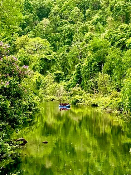 A single raft is dwarfed by the lush, dense forest reflecting perfectly in the still water, a truly magical moment from our summer camp.