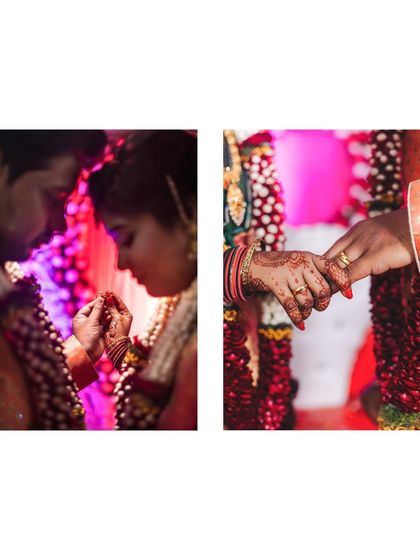 A collage capturing the key moments of Anitha and Mohan's ring ceremony, from the exchange to the details.