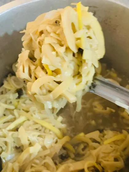 A spoonful of the boiled bamboo shoots.