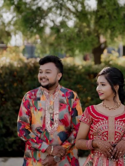 A candid shot of the couple sharing a look during their Sangeet celebration.