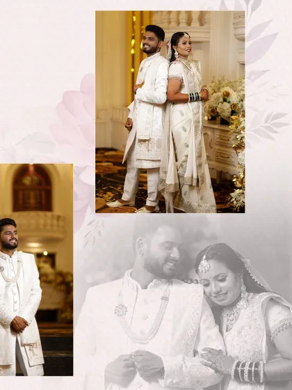 Crafting beautiful memories, one celebration at a time. This collage highlights a couple's stunning all white attire, which stands out beautifully against the classic architecture and our elegant decor.