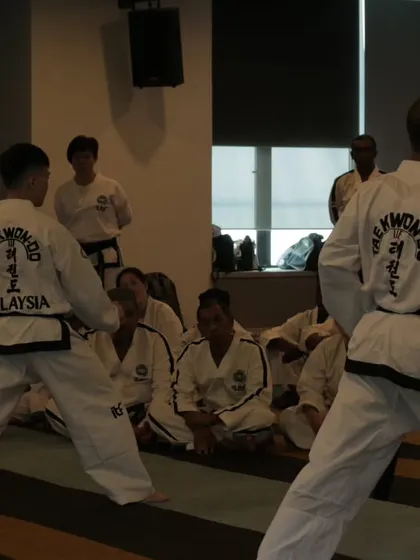 Two instructors demonstrate a pattern. Analyzing the movements of others is a key part of understanding the art.