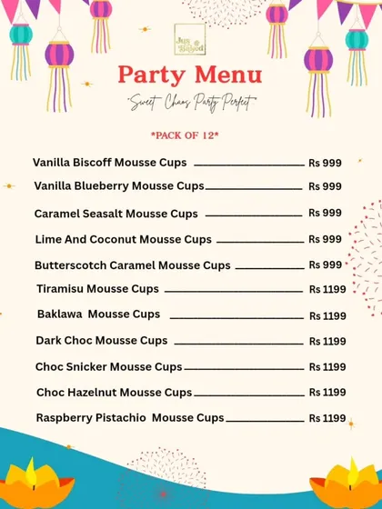 This is an example of our party menu, designed for easy bulk ordering for events like Diwali parties. It lists our variety of mousse cups and dessert tubs, making it simple for clients to cater their celebrations.