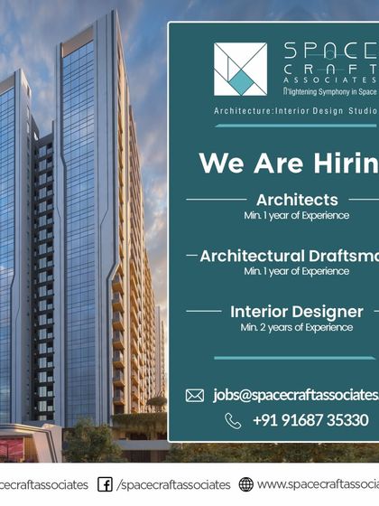 Space Craft Associates in Pune is hiring for three distinct roles: Architect, Interior Designer, and Architectural Draftsman.