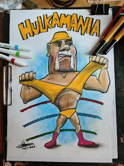 Adding color with markers and pastels. This stage brings the Hulkamania caricature to life, with the iconic yellow and red outfit.