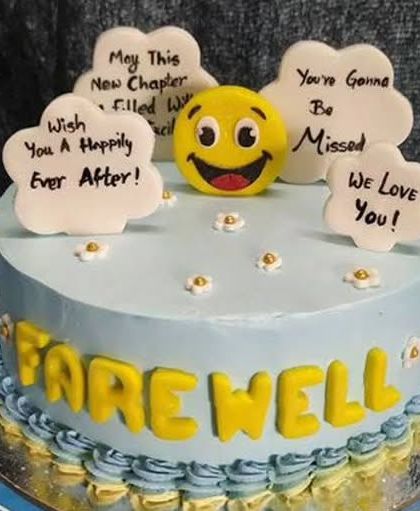 Another heartfelt farewell cake. This red velvet truffle cake is decorated with fondant clouds carrying messages like "You're gonna be missed" and "Wish you a happily ever after."