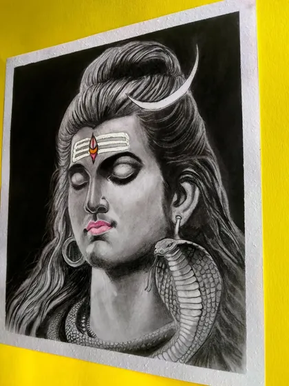 A serene portrait of Lord Shiva (Mahadev) against a dark background, with a touch of color on his lips and tilak. This creates a striking contrast.