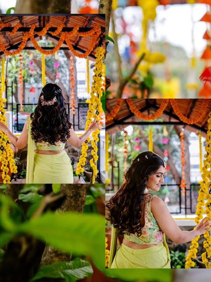 A creative collage showing the bride on her Mehendi swing from different angles, highlighting her hairstyle and the festive floral decor.