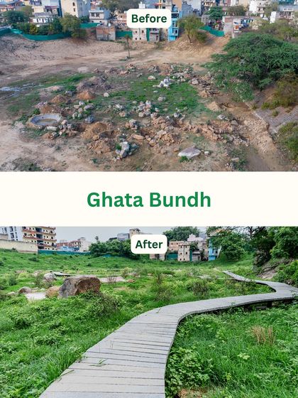 Before, the Ghata Bundh was a dry, dusty area with scattered debris. After our restoration work, it now features a winding wooden walkway through a lush, green landscape, inviting the community to connect with nature.