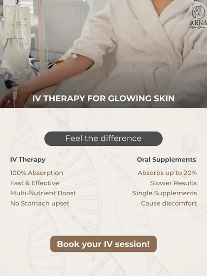 Many people ask about the difference between IV therapy and oral supplements. IV therapy ensures 100% absorption for fast, effective results without any stomach discomfort, making it a much more efficient way to nourish your skin from within.