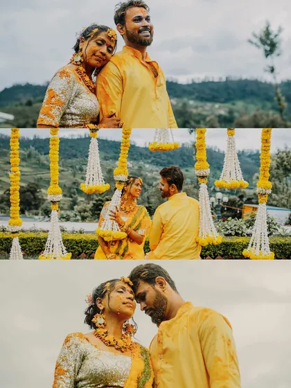 A collage of tender moments from a Haldi ceremony set against a beautiful mountain backdrop. It shows the couple's connection and the serene beauty of their destination wedding.