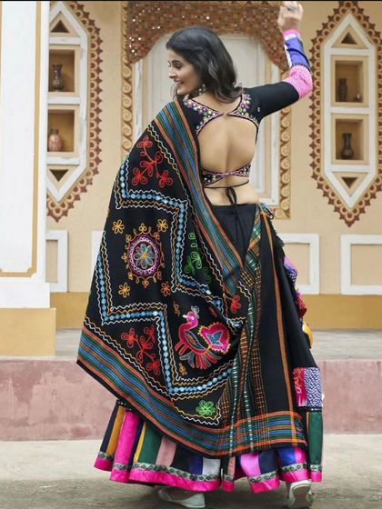 A back view of the model in the Navratri lehenga, showing the stylish back design of the blouse.
