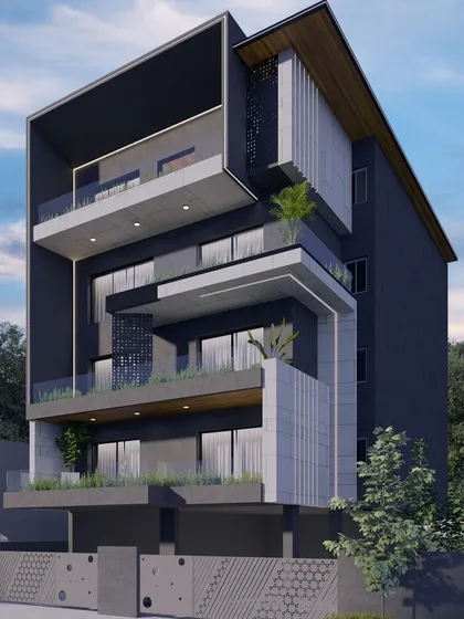 A 3D render showcasing a bold, dark-themed facade with deep cantilevered balconies and perforated screens (jaali). This design plays with volume and shadow to create a dramatic architectural form.