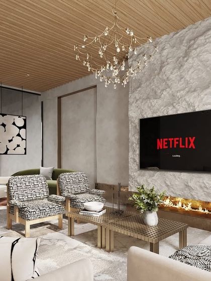 This version of the living room design explores a more rustic, natural aesthetic. A rough-hewn stone fireplace and a warm wood ceiling create a cozy, cabin-like feel, while the modern furniture keeps the space feeling fresh and current.