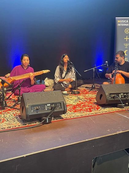 Sound check before our concert at the Musica Sacra festival. We are getting ready to present a blend of traditional Carnatic music and contemporary sounds.