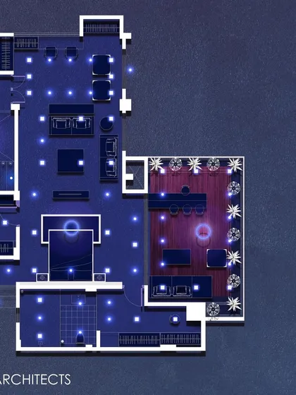 A detailed section of a penthouse floor plan render. This view highlights the integration of an expansive outdoor terrace with a bar and lounge area, demonstrating how we connect indoor luxury with exclusive outdoor living spaces.