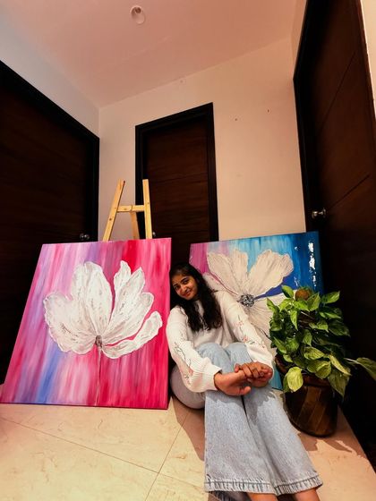 Feeling happy and content surrounded by my art. These large floral canvases are part of a six-part series that explores the theme of personal blossoming and becoming.