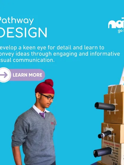My Design Pathway develops a keen eye for detail and visual communication. Here, a student presents his project, a structure built from cardboard tubes, demonstrating the practical application of design principles.