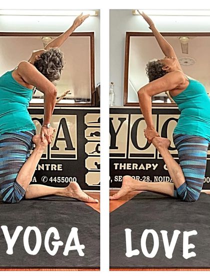 A two-part image showing a variation of One-Legged King Pigeon Pose, a deep backbend and quadriceps stretch.